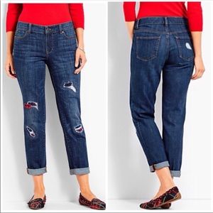 TALBOTS Women’s Flawless Five Pocket Distressed Boyfriend Plaid Patch Jeans 6